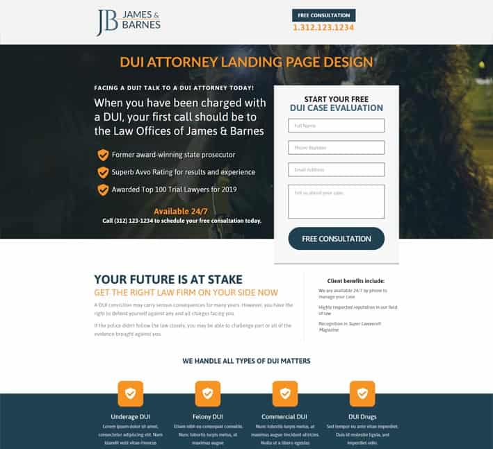 landing page for DUI attorney